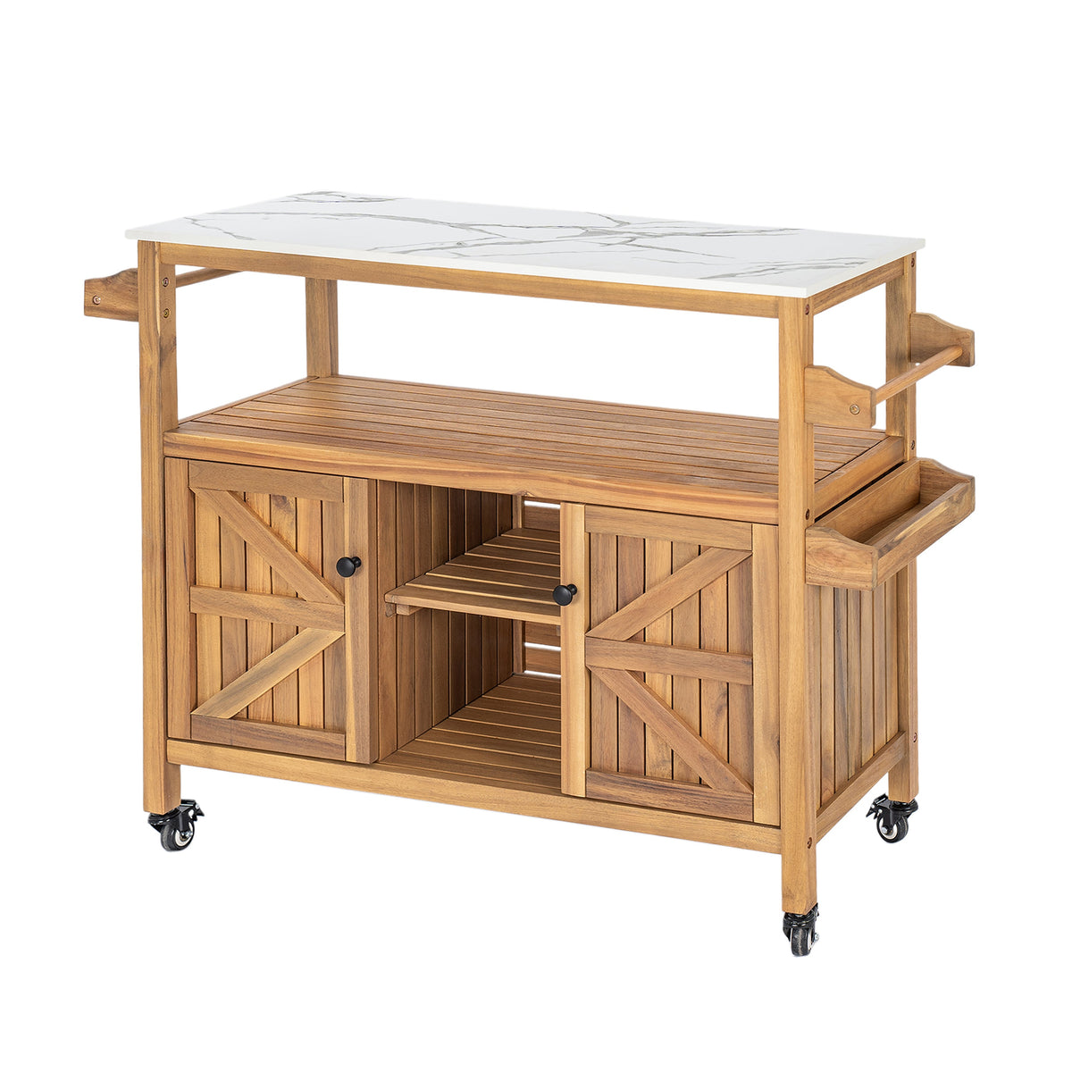 Acacia Wood Outdoor Bar Cart with Marble-Effect Worktop