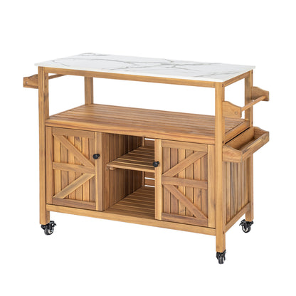 Acacia Wood Outdoor Bar Cart with Marble-Effect Worktop