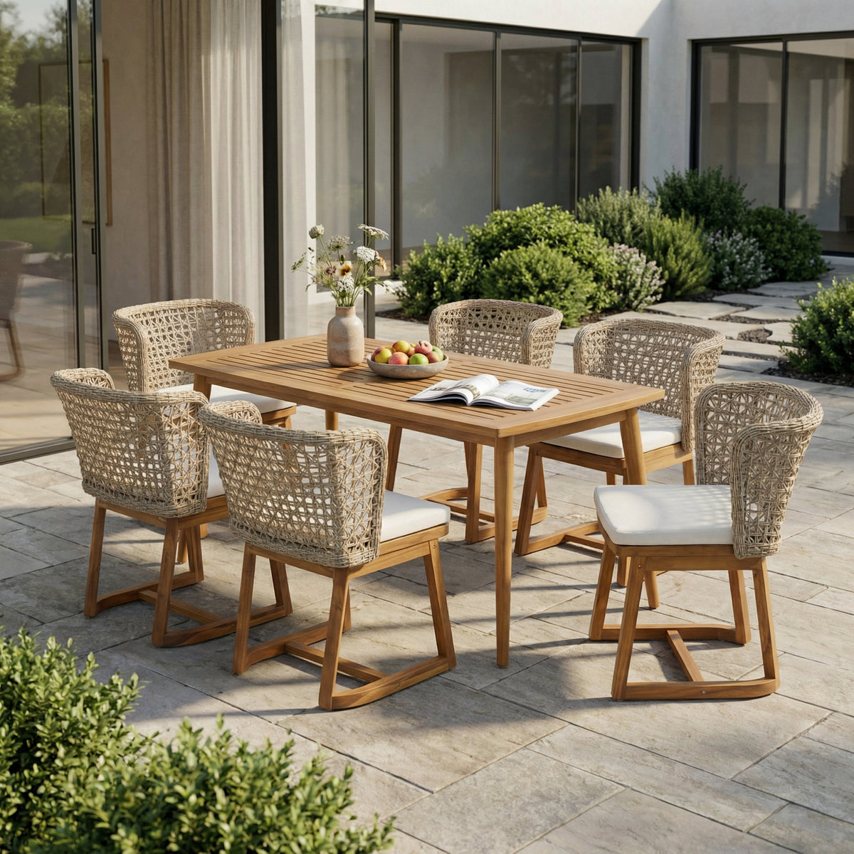 Acacia Wood Outdoor Dining Set (7‑Piece) — Teak‑Finish Table & Handwoven Wicker Chairs