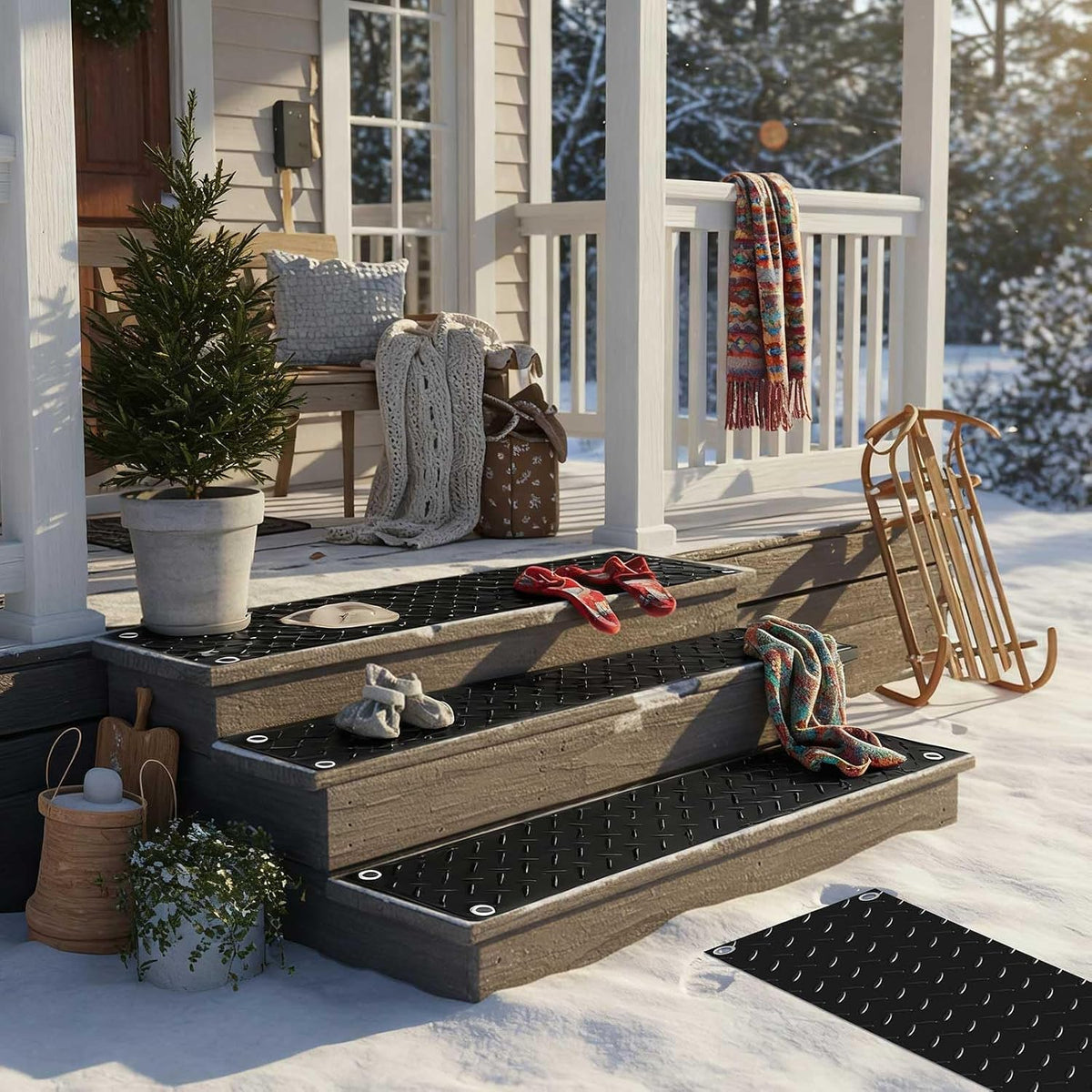 4 Pcs Heated Snow Melting Mats Outdoor, 10 X 30 in Winter Anti-Slip Heated Rubber Mat for Walkways Decks and Sidewalks, Electric Snow and Ice Melting Pads Connection with 9.84 Ft Power Cord