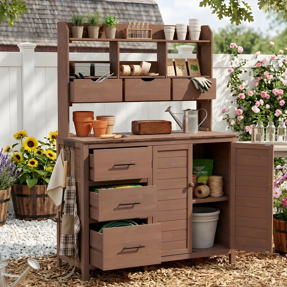 TOPMAX 65" Farmhouse Wooden Garden Potting Bench – 6 Drawers, Storage Cabinet & Adjustable Shelf