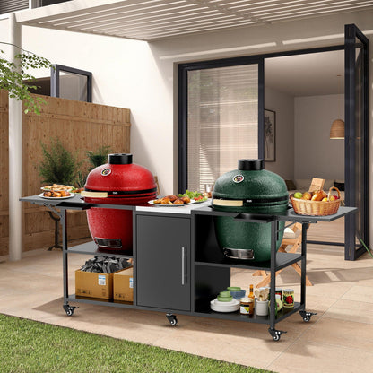 Outdoor Grill Cart for 2 Big Egg Grills – Black/Silver