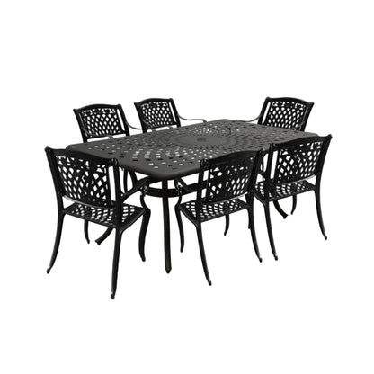 67" Aluminum Outdoor Dining Set – Black UV-Resistant Rectangular Table & Six Chairs
