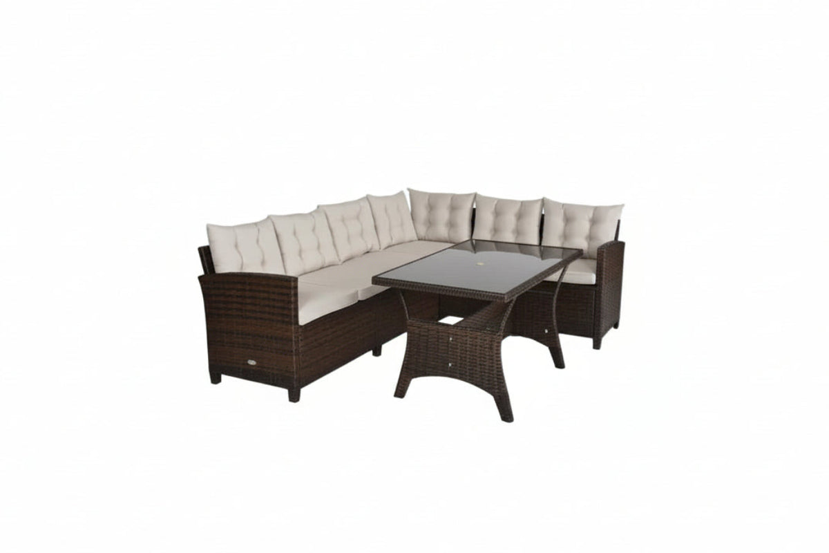 Hand‑Woven Rattan Outdoor Sofa Set with Dining Table — 3‑Piece