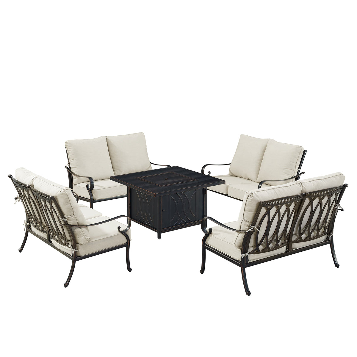 Black Aluminum Fire Table Set with Four Deep Seating Loveseats