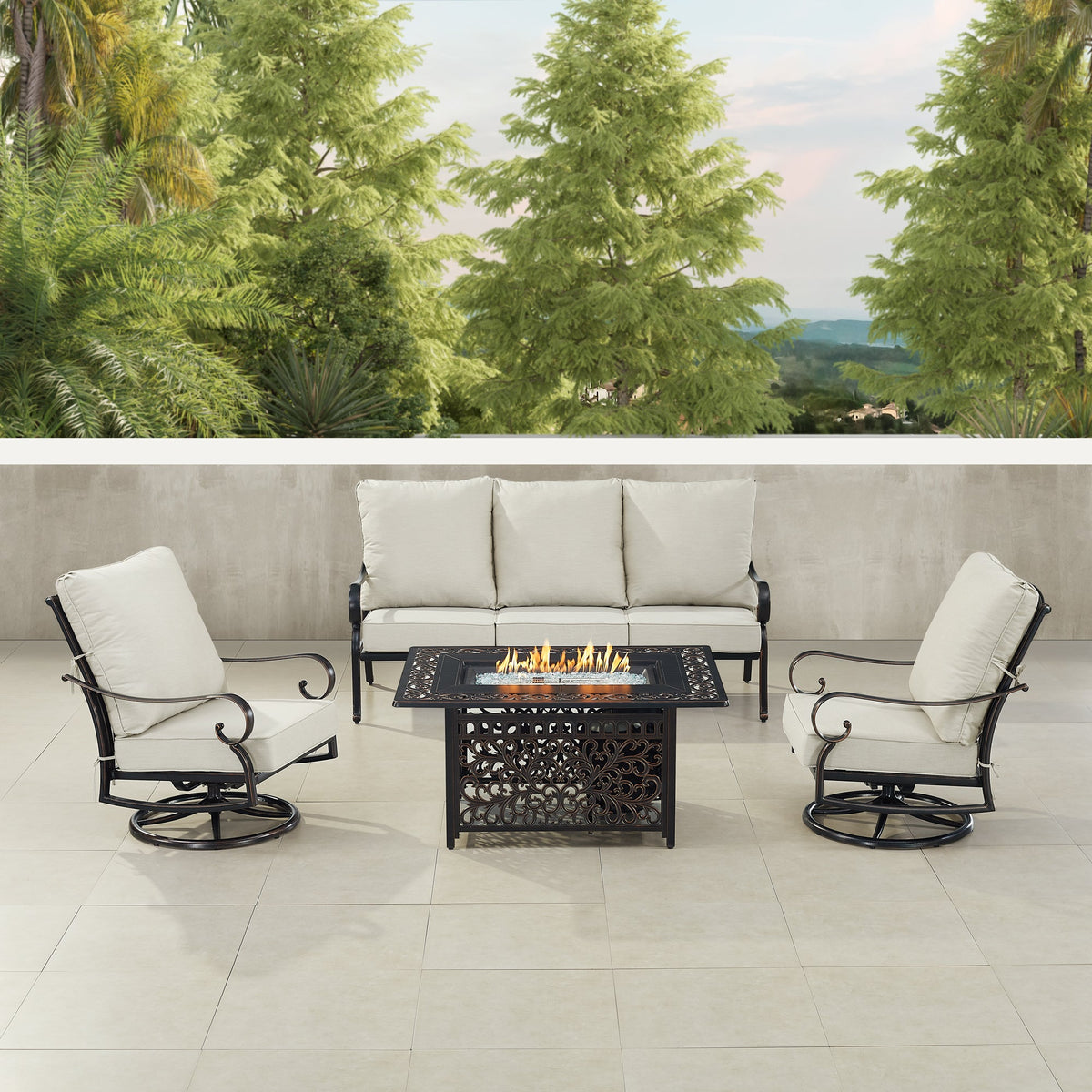 Outdoor Fire Table Set – Sofa & Swivel Rockers - Antique Copper