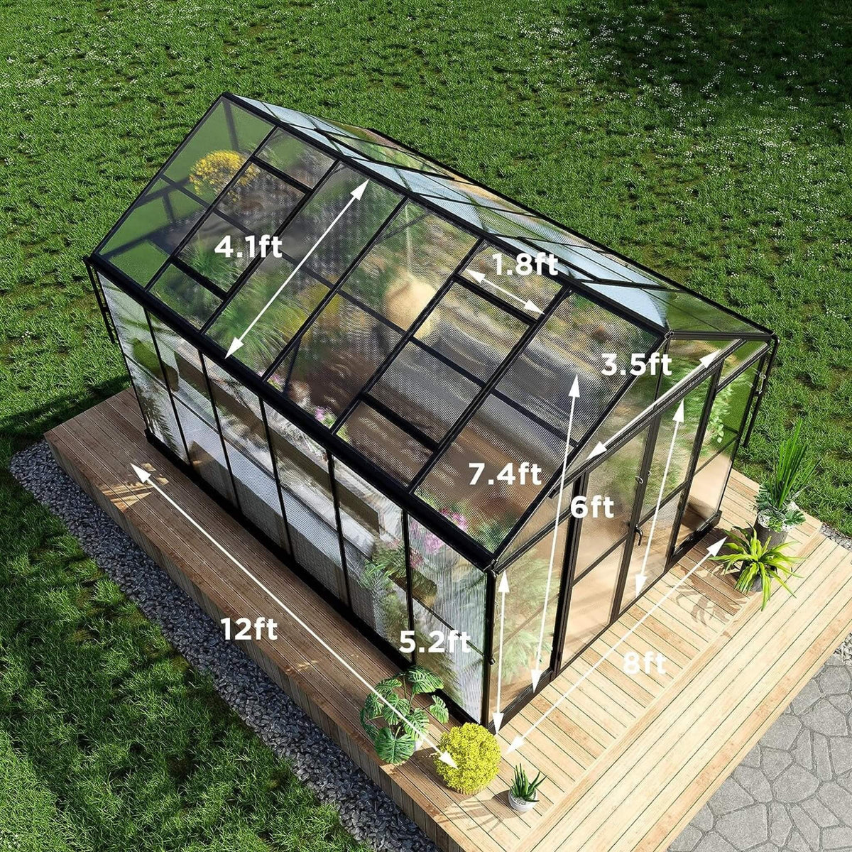 8' x 12' Premium Outdoor Polycarbonate Greenhouse – Aluminum Frame, Double Swing Doors & Adjustable Roof Vents
