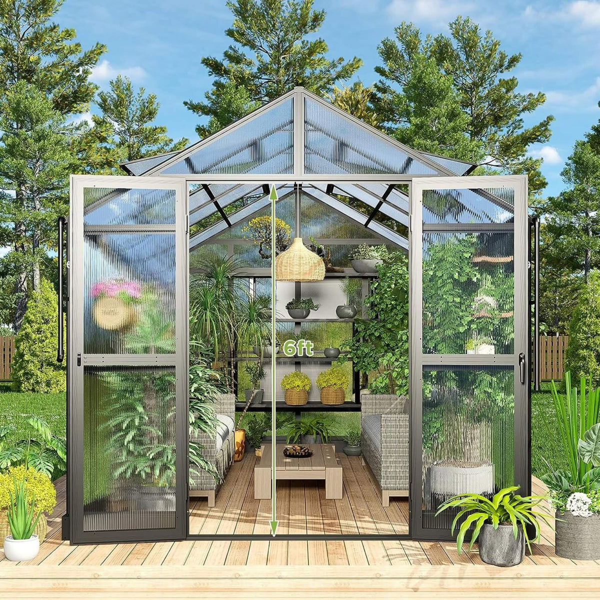 8' x 12' Premium Outdoor Polycarbonate Greenhouse – Aluminum Frame, Double Swing Doors & Adjustable Roof Vents