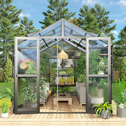 8' x 12' Premium Outdoor Polycarbonate Greenhouse – Aluminum Frame, Double Swing Doors & Adjustable Roof Vents