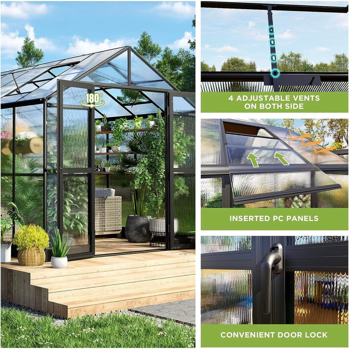 8' x 12' Premium Outdoor Polycarbonate Greenhouse – Aluminum Frame, Double Swing Doors & Adjustable Roof Vents