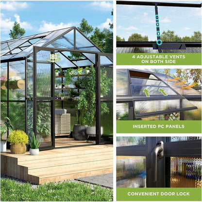 8' x 12' Premium Outdoor Polycarbonate Greenhouse – Aluminum Frame, Double Swing Doors & Adjustable Roof Vents