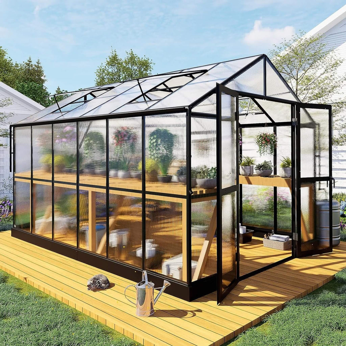 8' x 12' Premium Outdoor Polycarbonate Greenhouse – Aluminum Frame, Double Swing Doors & Adjustable Roof Vents