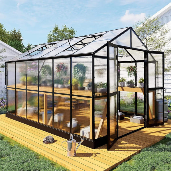 8' x 12' Premium Outdoor Polycarbonate Greenhouse – Aluminum Frame, Double Swing Doors & Adjustable Roof Vents