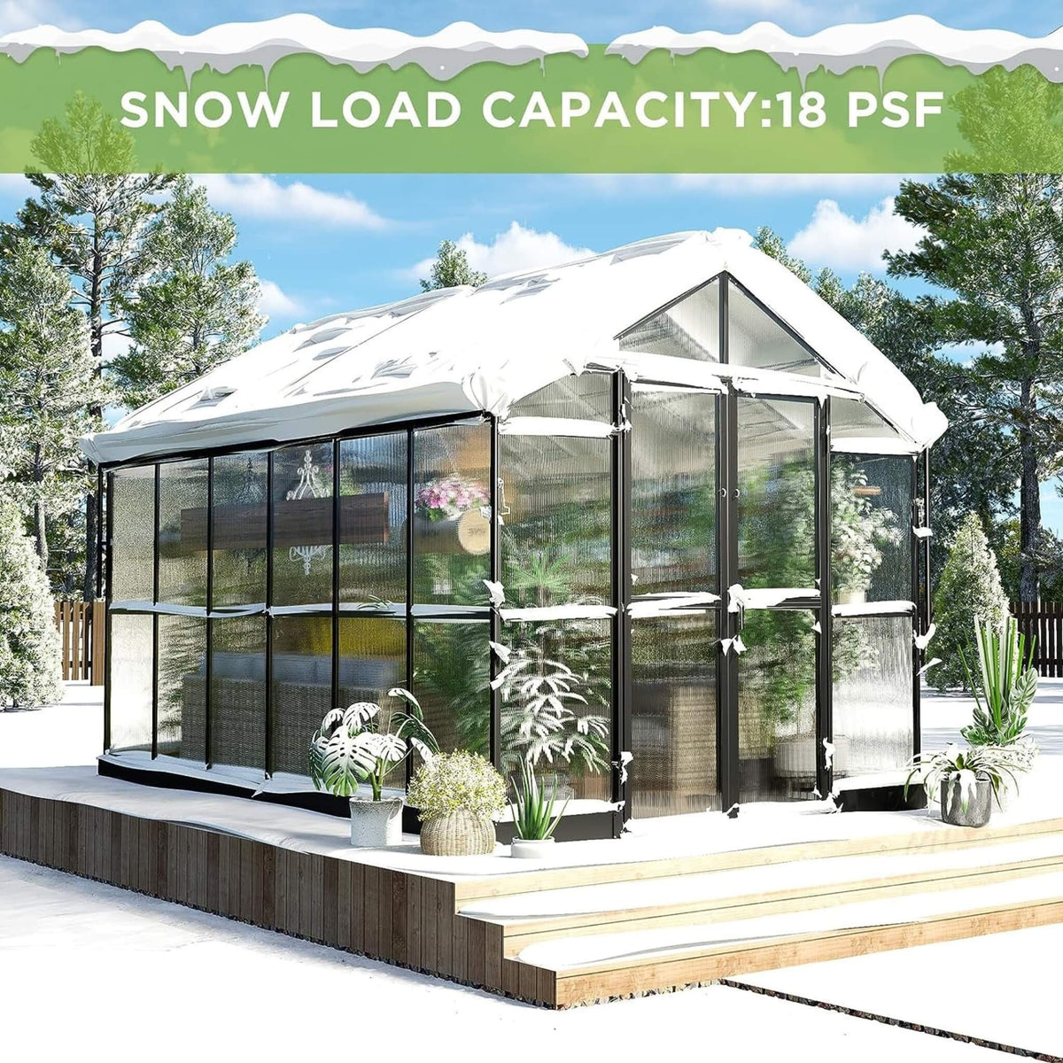8' x 12' Premium Outdoor Polycarbonate Greenhouse – Aluminum Frame, Double Swing Doors & Adjustable Roof Vents