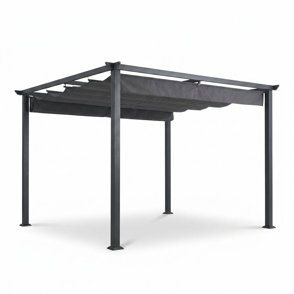 16 Ft. W X 12 Ft. D Aluminum Pergola Outdoor with Dark Gray Retractable Canopy — Studio Shot