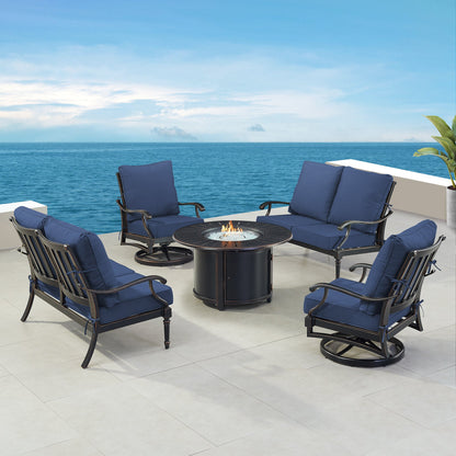 Black Aluminum Fire Table Set with Two Loveseats and Two Club Chairs