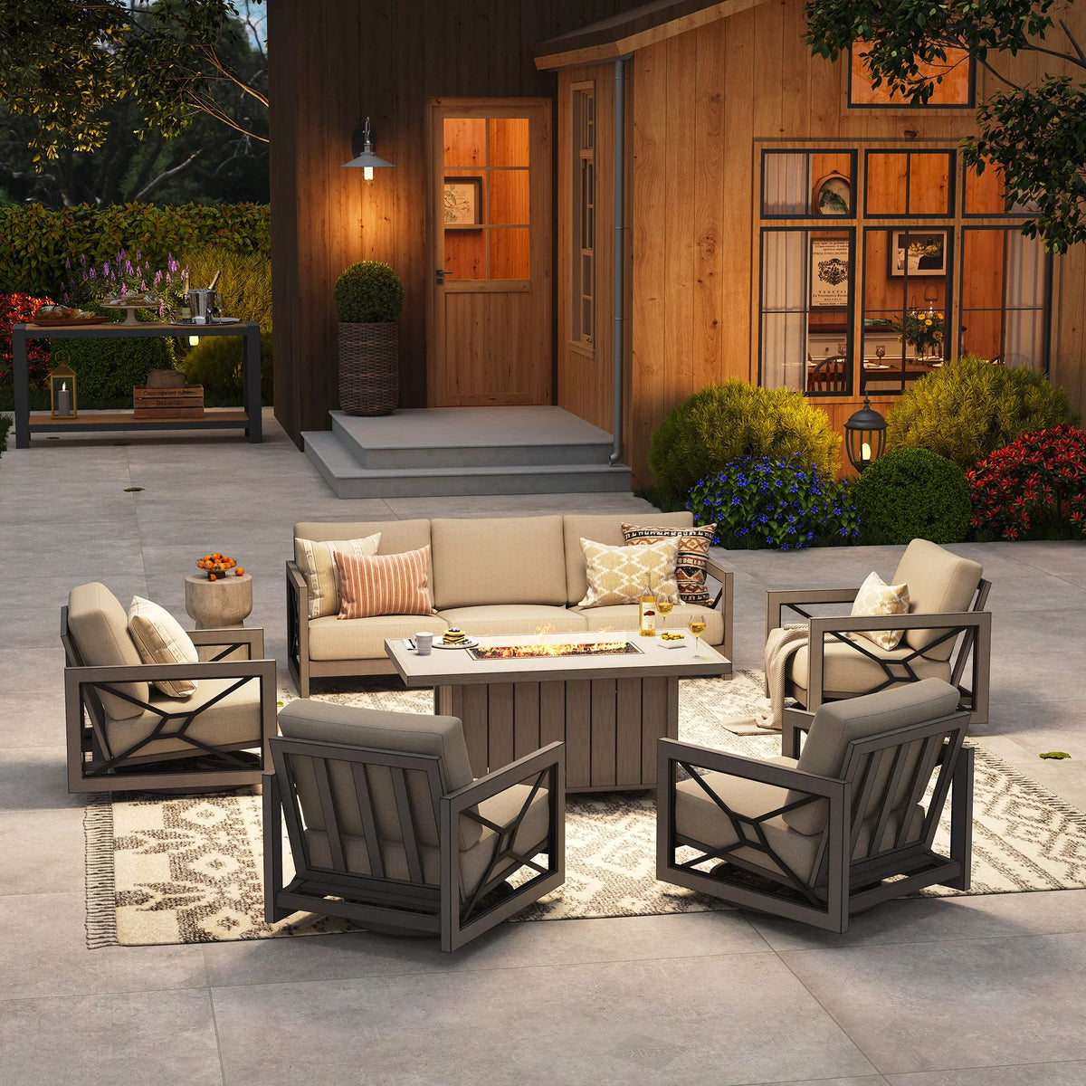 Marindo 6-Piece Faux-Wood Aluminum Swivel Patio Deep Seating Set with Fire Pit Table