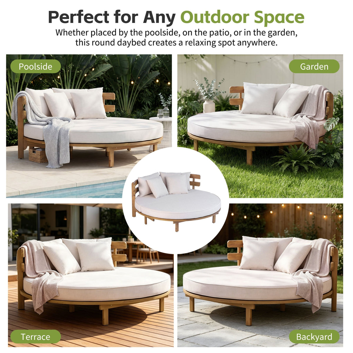 Outdoor Acacia Wood Round Daybed With Cushions And Pillows -Teak Finish