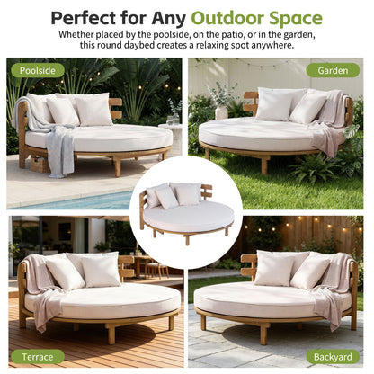 Outdoor Acacia Wood Round Daybed With Cushions And Pillows -Teak Finish