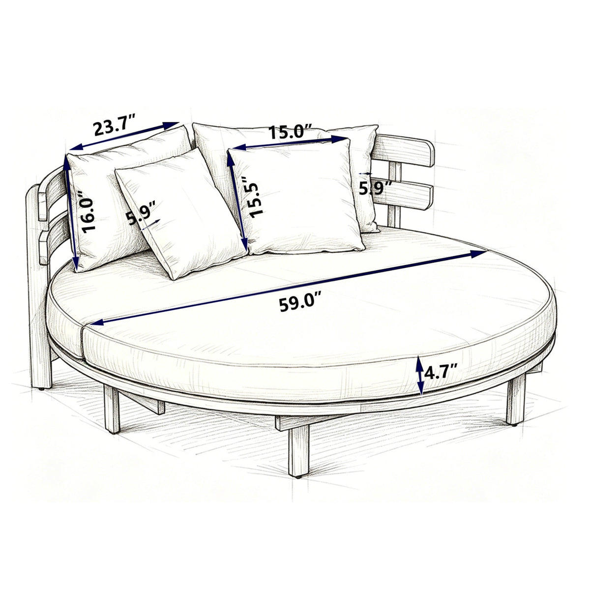 Outdoor Acacia Wood Round Daybed With Cushions And Pillows -Teak Finish