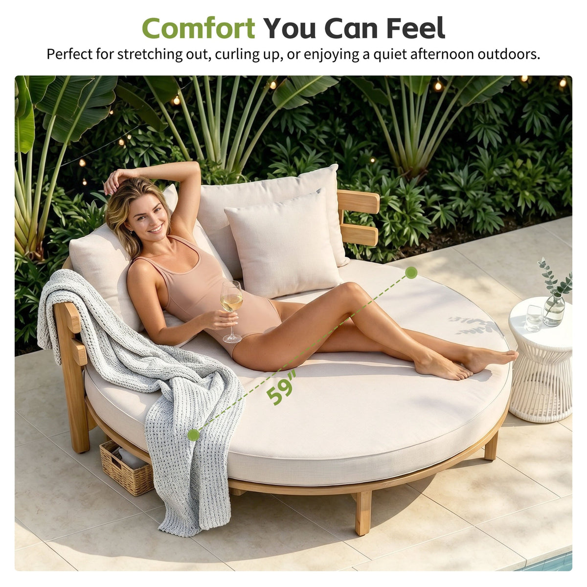 Outdoor Acacia Wood Round Daybed With Cushions And Pillows -Teak Finish
