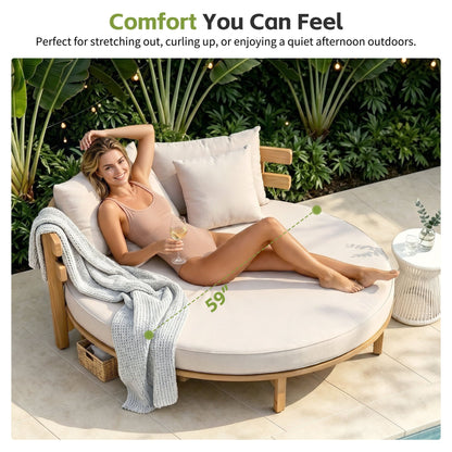 Outdoor Acacia Wood Round Daybed With Cushions And Pillows -Teak Finish