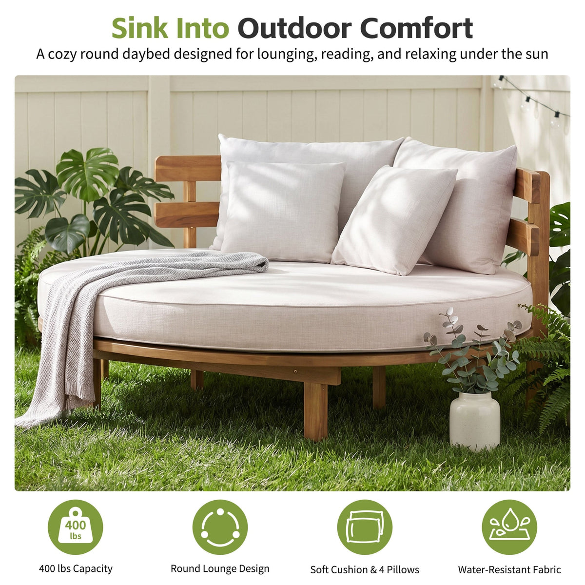 Outdoor Acacia Wood Round Daybed With Cushions And Pillows -Teak Finish