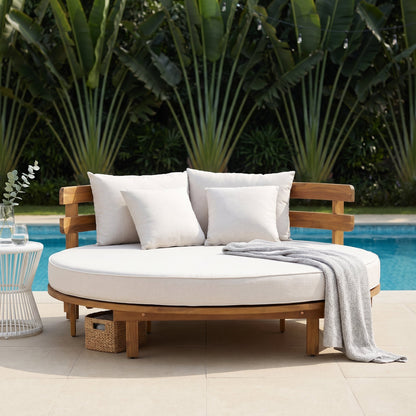 Outdoor Acacia Wood Round Daybed With Cushions And Pillows -Teak Finish