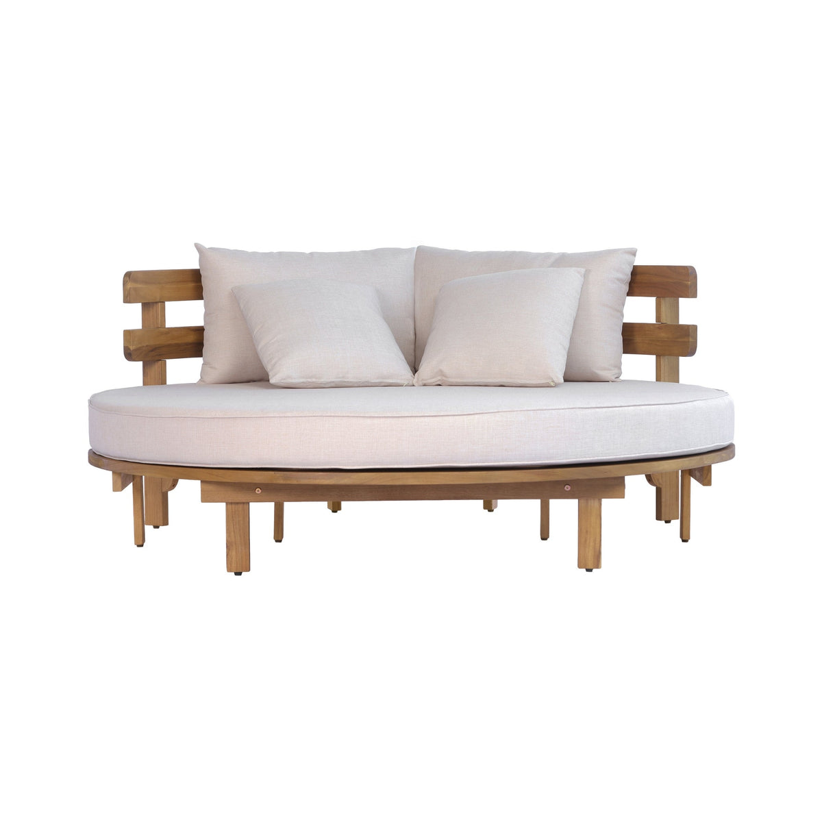 Outdoor Acacia Wood Round Daybed With Cushions And Pillows -Teak Finish