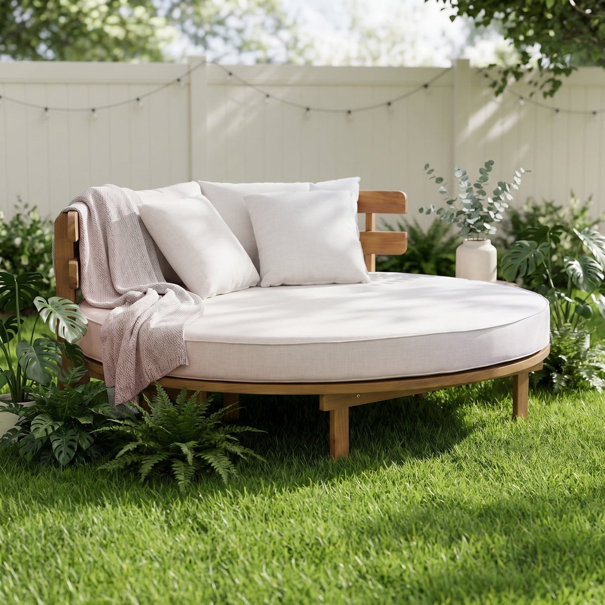 Outdoor Acacia Wood Round Daybed With Cushions And Pillows -Teak Finish