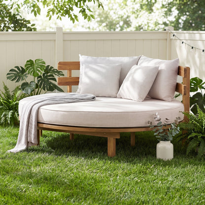 Outdoor Acacia Wood Round Daybed With Cushions And Pillows -Teak Finish