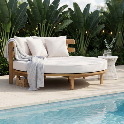 Outdoor Acacia Wood Round Daybed With Cushions And Pillows -Teak Finish