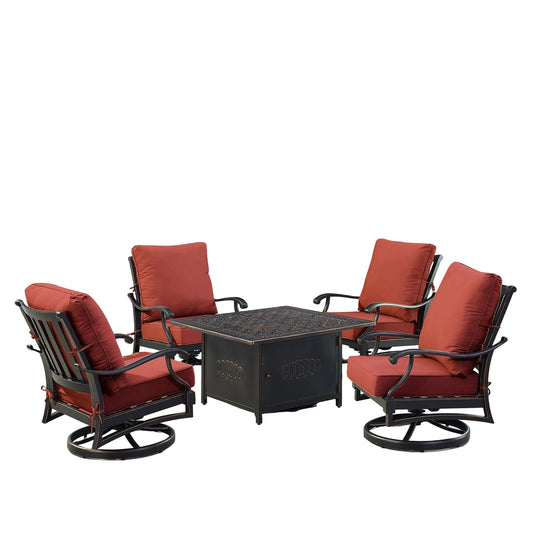 5-Piece Aluminum Fire Table Set with 4 Swivel Rocking Chairs – Antique Copper