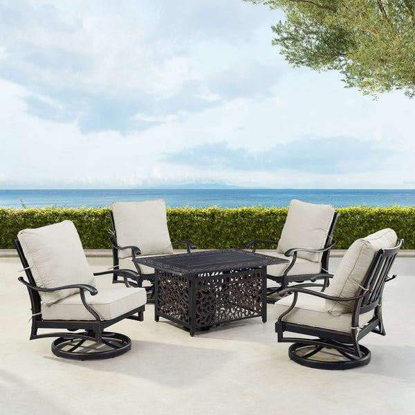 48" Aluminum Rectangular Fire Table Set – Outdoor Fire Table with 4 Deep Seating Swivel Rocking Chairs