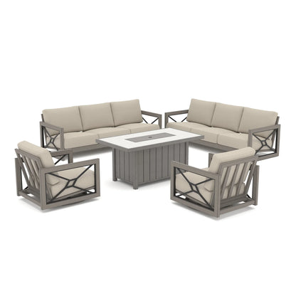 Marindo 8-Person Faux-Wood Aluminum Swivel Patio Outdoor Salon with Fire Pit Table