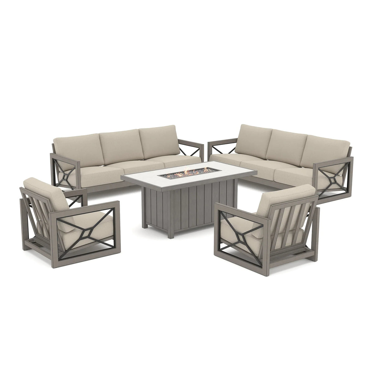 Marindo 8-Person Faux-Wood Aluminum Patio Outdoor Salon with Fire Pit Table