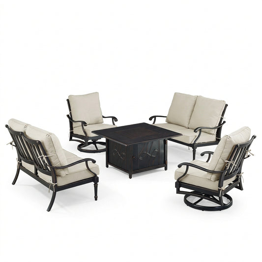5-Piece Aluminum Fire Pit Conversation Set with Swivel Rocking Chairs & Loveseats