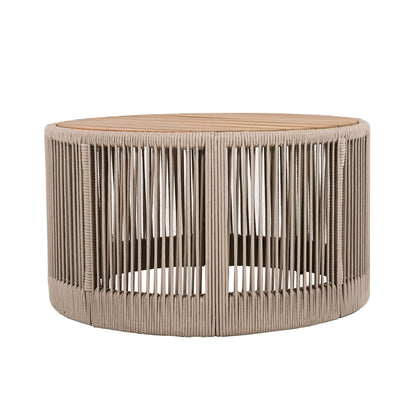 Modern Rustic Coffee Table & Side Table Set | Rattan Weave, Teak Wood Finish, Acacia Wood & Iron Frame | 2-Piece Nesting Set