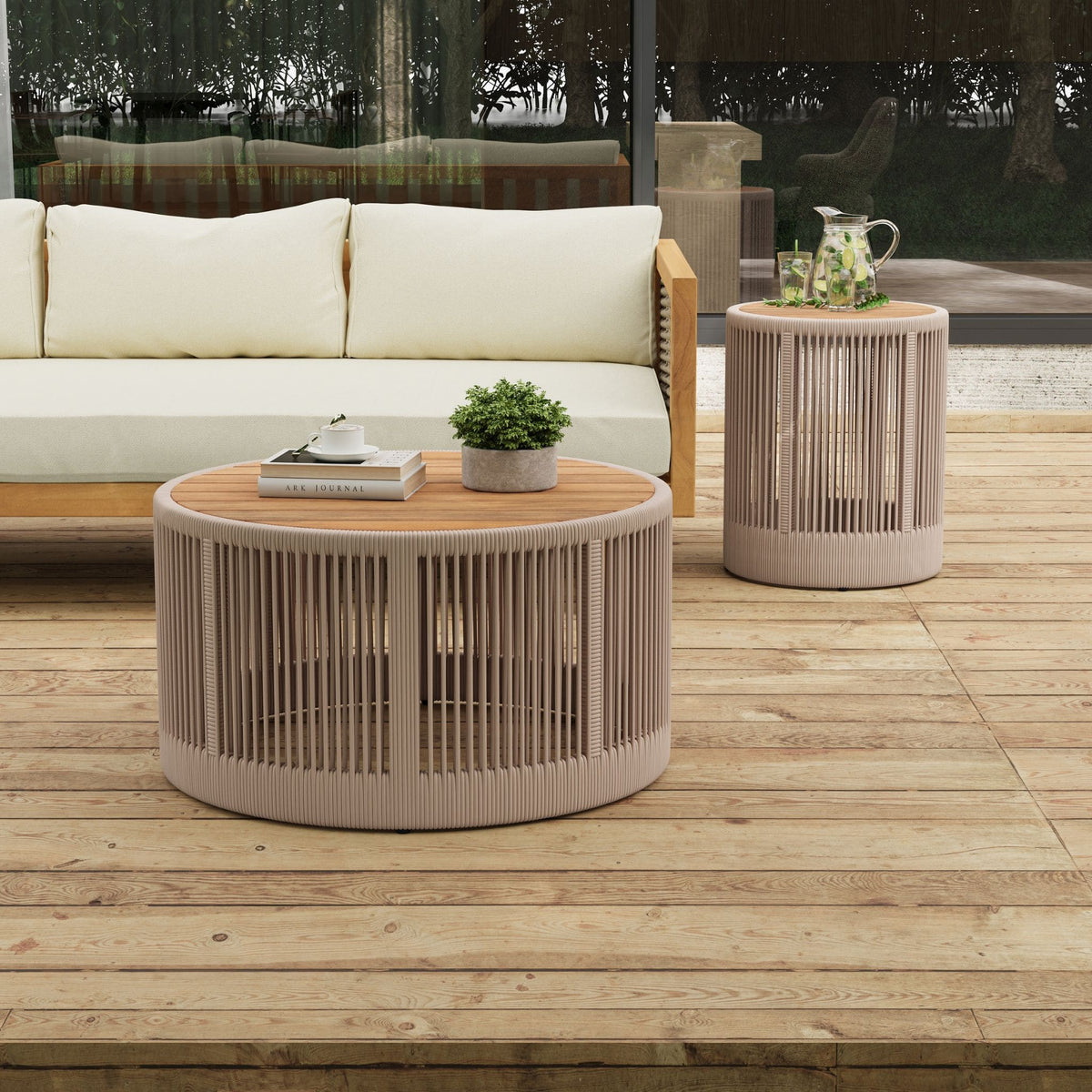 Modern Rustic Coffee Table & Side Table Set | Rattan Weave, Teak Wood Finish, Acacia Wood & Iron Frame | 2-Piece Nesting Set