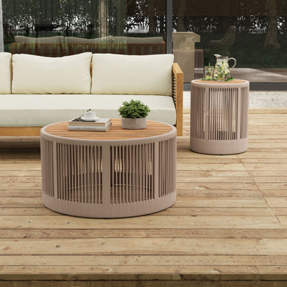 Modern Rustic Coffee Table & Side Table Set | Rattan Weave, Teak Wood Finish, Acacia Wood & Iron Frame | 2-Piece Nesting Set