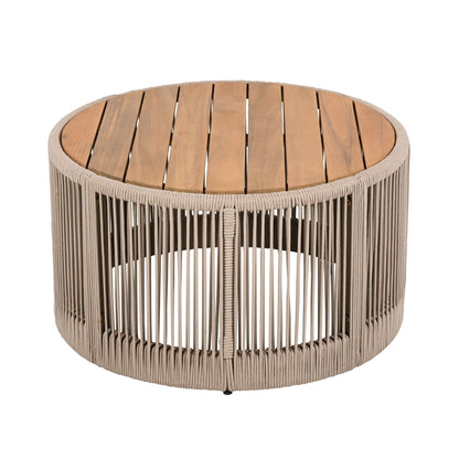Modern Rustic Coffee Table & Side Table Set | Rattan Weave, Teak Wood Finish, Acacia Wood & Iron Frame | 2-Piece Nesting Set