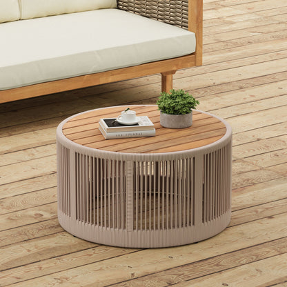 Modern Rustic Coffee Table & Side Table Set | Rattan Weave, Teak Wood Finish, Acacia Wood & Iron Frame | 2-Piece Nesting Set
