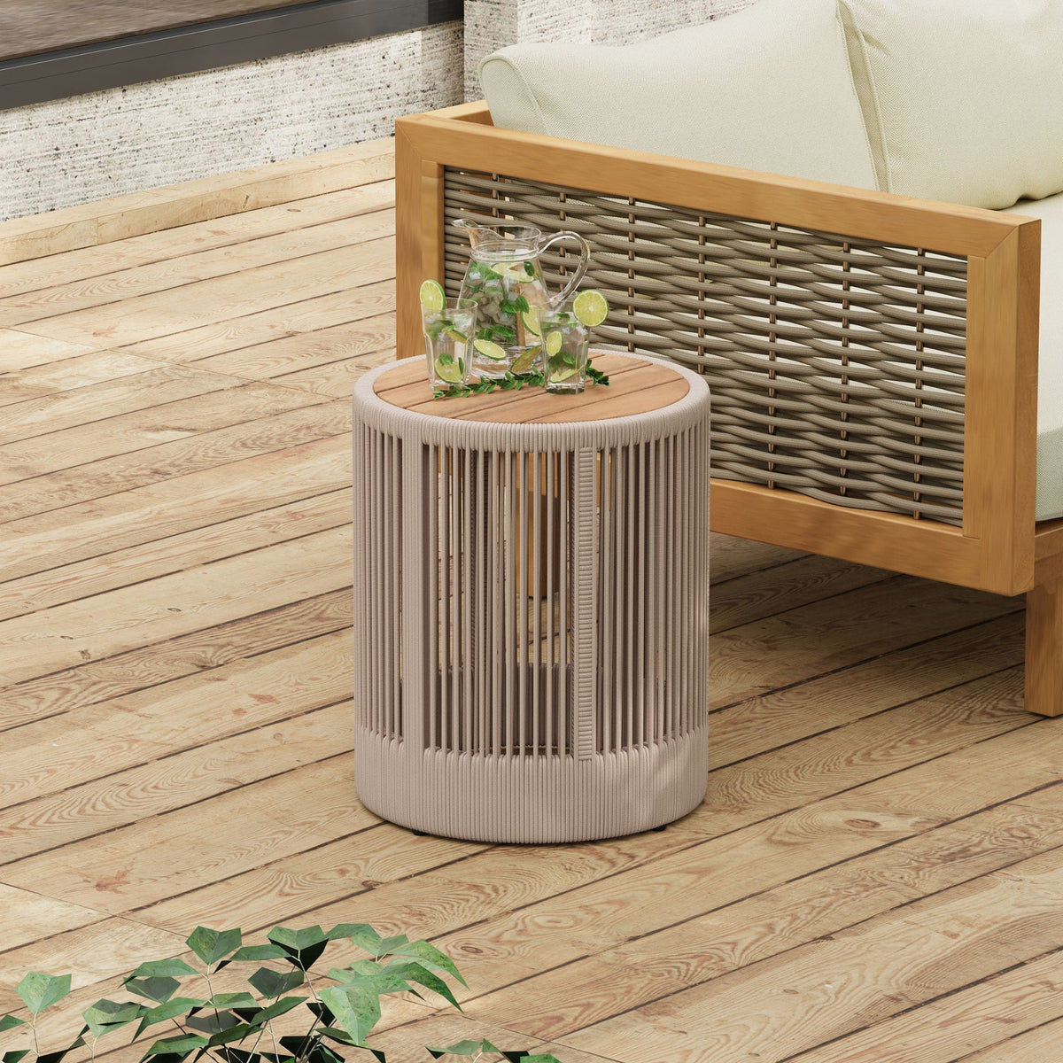 Modern Rustic Coffee Table & Side Table Set | Rattan Weave, Teak Wood Finish, Acacia Wood & Iron Frame | 2-Piece Nesting Set