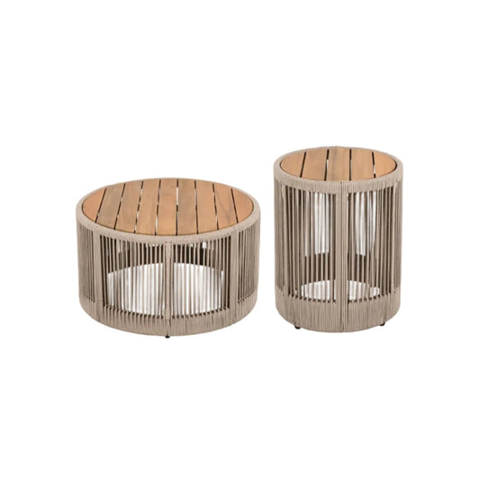 2-Piece Rustic Nesting Coffee & Side Table Set – Acacia Wood & Rattan Design
