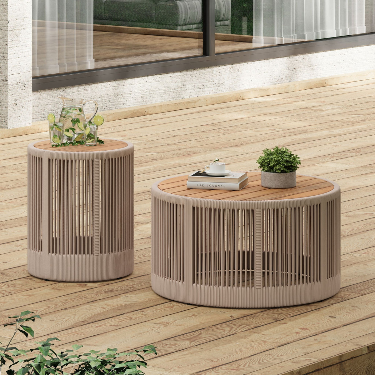 Modern Rustic Coffee Table & Side Table Set | Rattan Weave, Teak Wood Finish, Acacia Wood & Iron Frame | 2-Piece Nesting Set