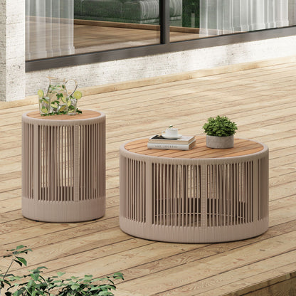 Modern Rustic Coffee Table & Side Table Set | Rattan Weave, Teak Wood Finish, Acacia Wood & Iron Frame | 2-Piece Nesting Set