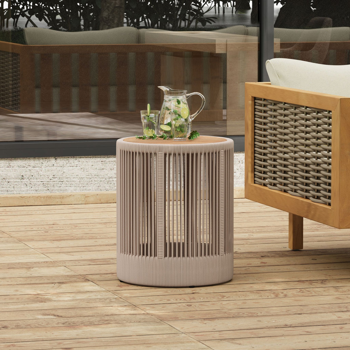Modern Rustic Coffee Table & Side Table Set | Rattan Weave, Teak Wood Finish, Acacia Wood & Iron Frame | 2-Piece Nesting Set