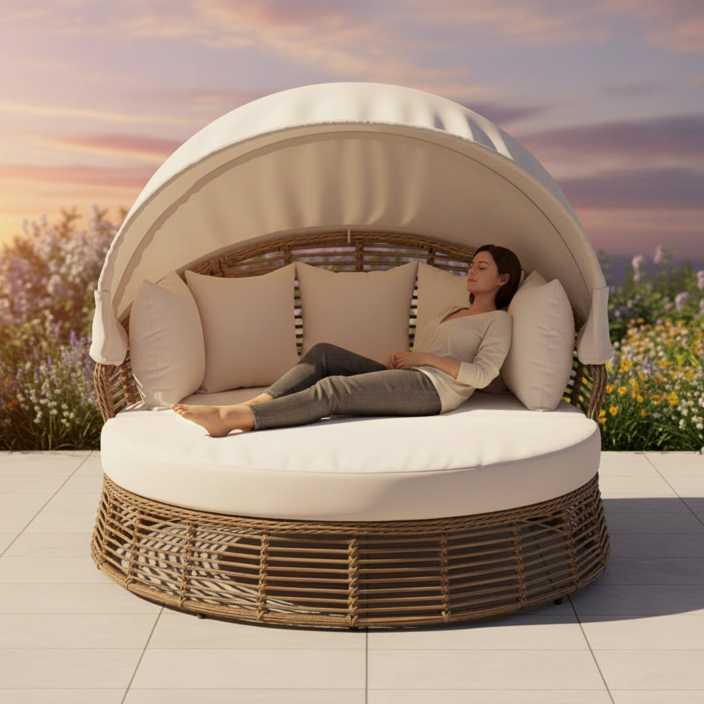 Alora 53-Inch Outdoor Patio Rattan Round Wicker Daybed With Retractable Canopy