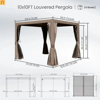 Pergola Louvered Aluminum Brown 10x10ft Adjustable Roof Drainage