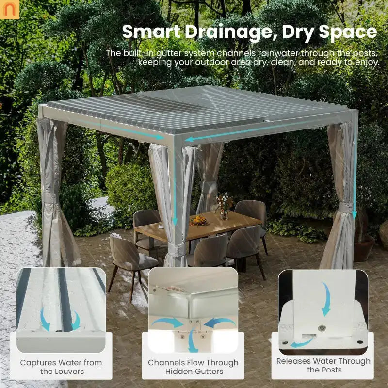 Pergola Louvered Aluminum White 10x10ft Adjustable Roof Drainage